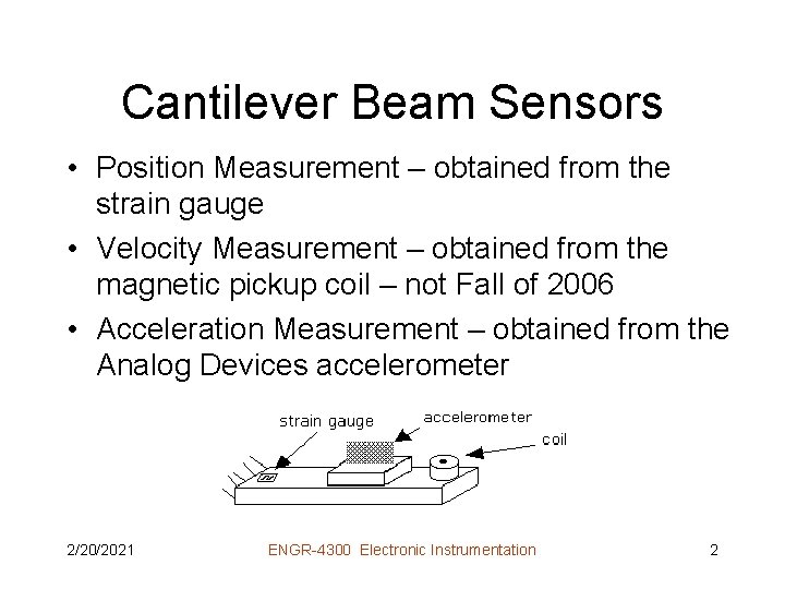 Cantilever Beam Sensors • Position Measurement – obtained from the strain gauge • Velocity