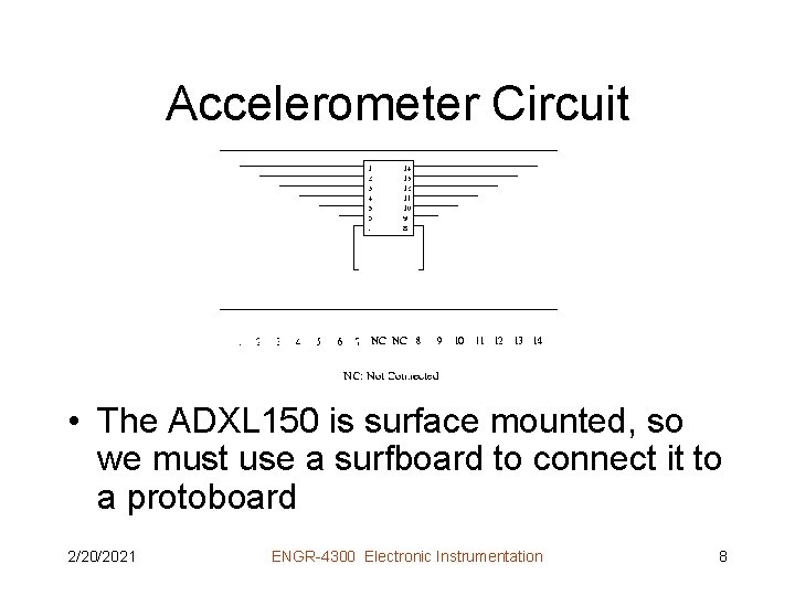 Accelerometer Circuit • The ADXL 150 is surface mounted, so we must use a