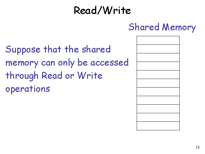 Read/Write Shared Memory Suppose that the shared memory can only be accessed through Read
