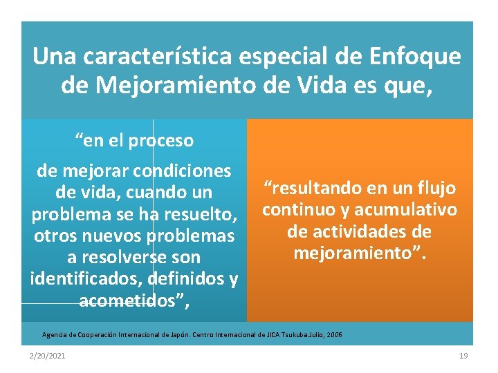 Una característica especial de Enfoque de Mejoramiento de Vida es que, “en el proceso