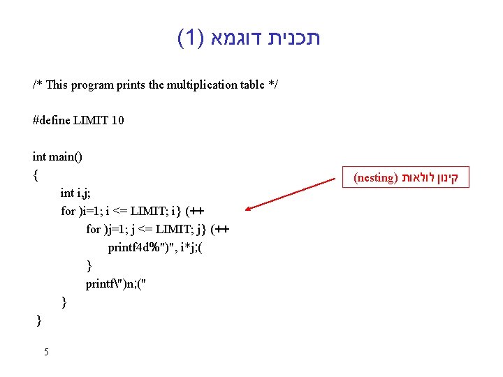 (1) תכנית דוגמא /* This program prints the multiplication table */ #define LIMIT 10