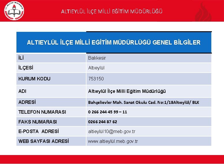 ALTIEYLÜL İLÇE MİLLİ EĞİTİM MÜDÜRLÜĞÜ GENEL BİLGİLER İLİ Balıkesir İLÇESİ Altıeylül KURUM KODU 753150