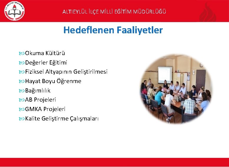 ALTIEYLÜL İLÇE MİLLİ EĞİTİM MÜDÜRLÜĞÜ Hedeflenen Faaliyetler Okuma Kültürü Değerler Eğitimi Fiziksel Altyapının Geliştirilmesi