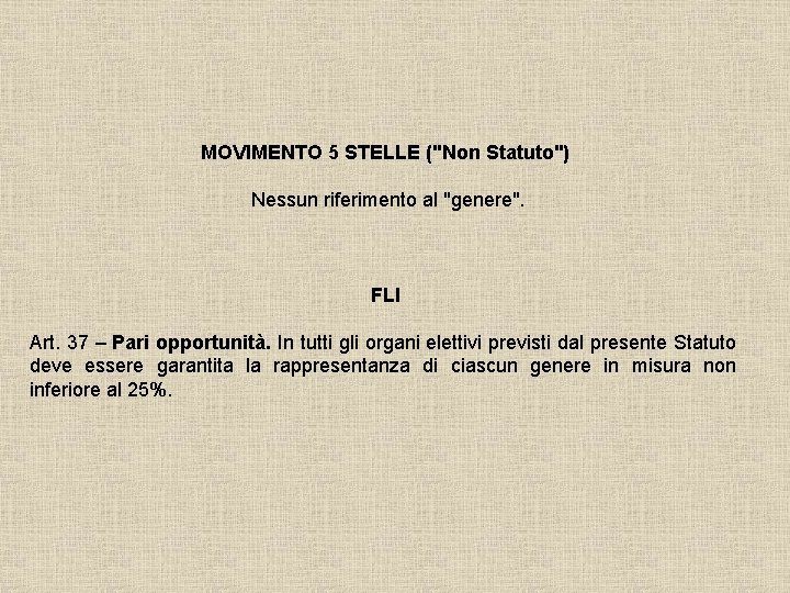 MOVIMENTO 5 STELLE ("Non Statuto") Nessun riferimento al "genere". FLI Art. 37 – Pari