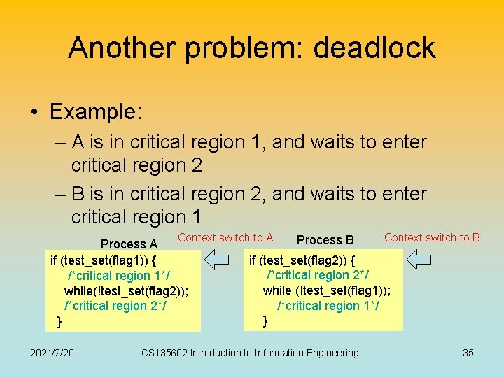 Another problem: deadlock • Example: – A is in critical region 1, and waits Another problem: deadlock • Example: – A is in critical region 1, and waits