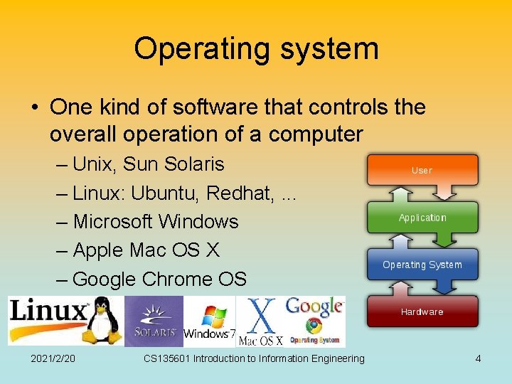 Operating system • One kind of software that controls the overall operation of a Operating system • One kind of software that controls the overall operation of a
