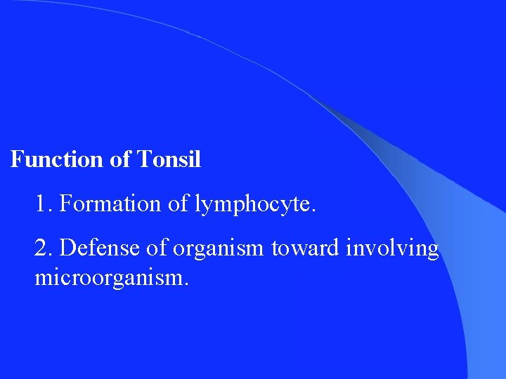 Function of Tonsil 1. Formation of lymphocyte. 2. Defense of organism toward involving microorganism.