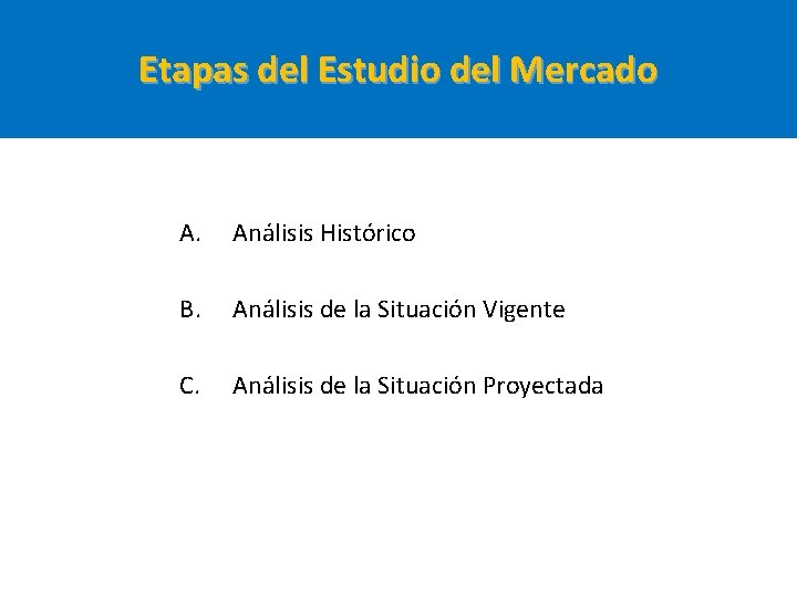 Etapas del Estudio del Mercado A. Análisis Histórico B. Análisis de la Situación Vigente Etapas del Estudio del Mercado A. Análisis Histórico B. Análisis de la Situación Vigente