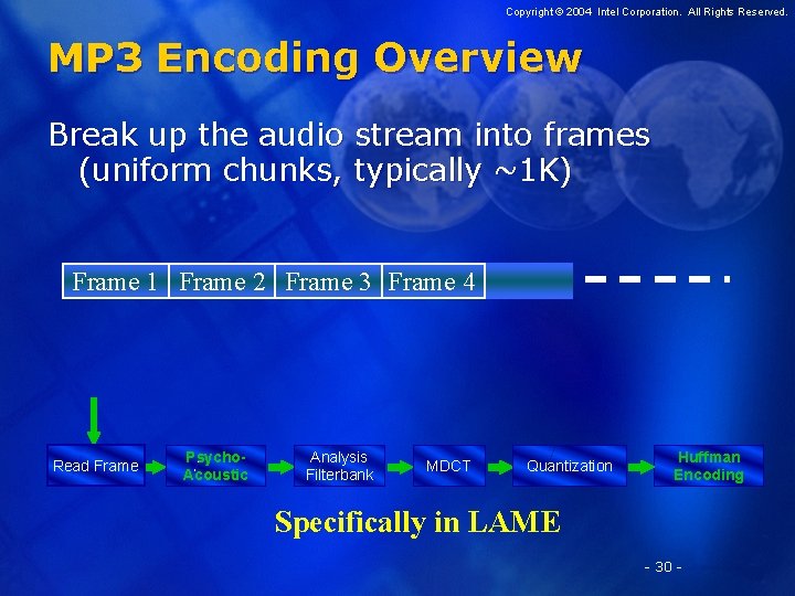 Copyright © 2004 Intel Corporation. All Rights Reserved. MP 3 Encoding Overview Break up Copyright © 2004 Intel Corporation. All Rights Reserved. MP 3 Encoding Overview Break up