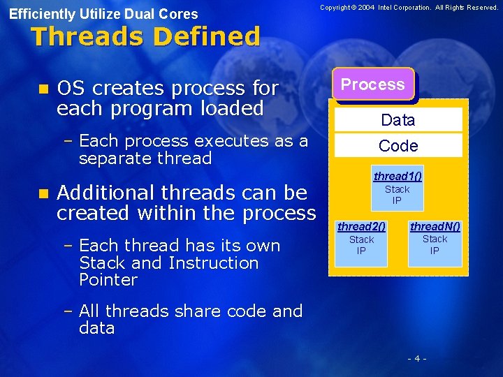 Efficiently Utilize Dual Cores Copyright © 2004 Intel Corporation. All Rights Reserved. Threads Defined