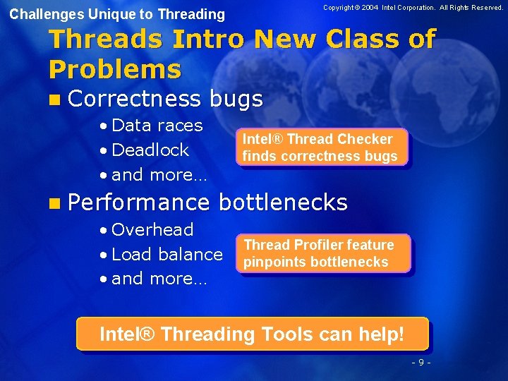 Copyright © 2004 Intel Corporation. All Rights Reserved. Challenges Unique to Threading Threads Intro