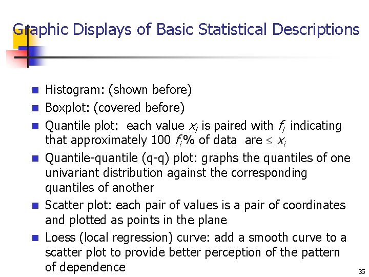 Graphic Displays of Basic Statistical Descriptions n n n Histogram: (shown before) Boxplot: (covered