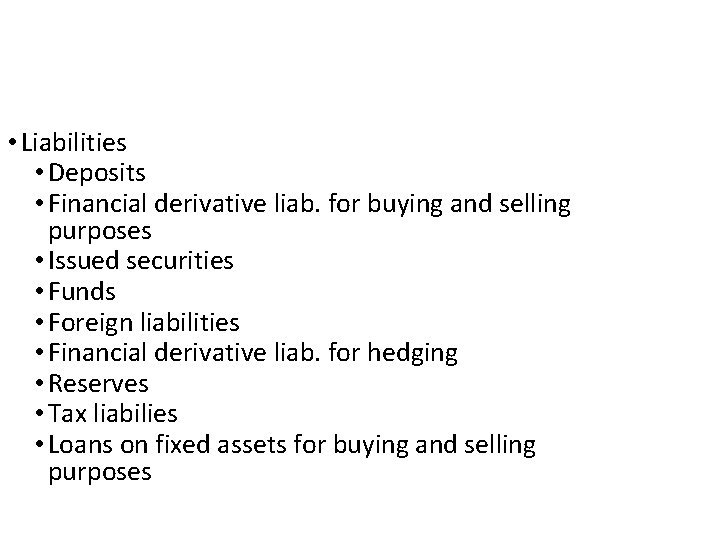  • Liabilities • Deposits • Financial derivative liab. for buying and selling purposes