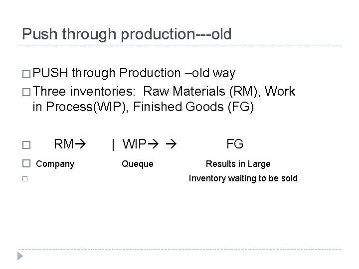 Push through production---old � PUSH through Production –old way � Three inventories: Raw Materials