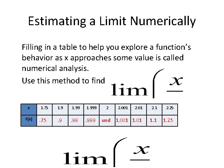 Estimating a Limit Numerically Filling in a table to help you explore a function’s