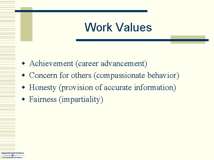 Work Values w w Achievement (career advancement) Concern for others (compassionate behavior) Honesty (provision