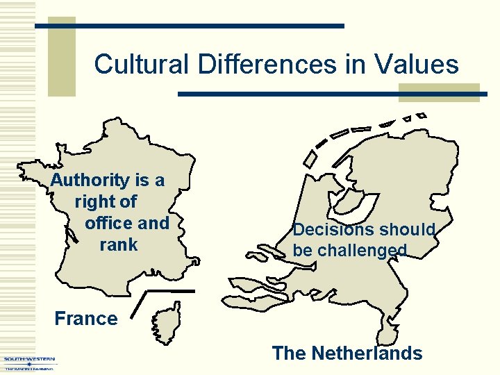 Cultural Differences in Values Authority is a right of office and rank Decisions should