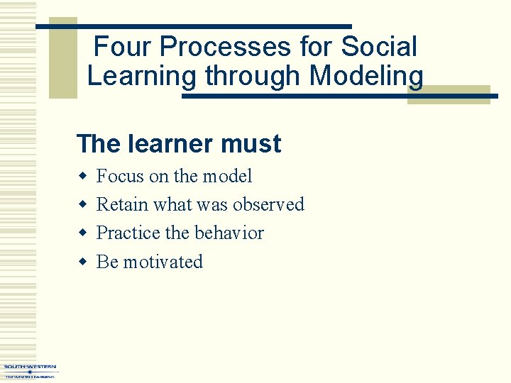Four Processes for Social Learning through Modeling The learner must w w Focus on