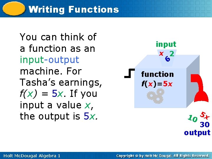 Writing Functions You can think of a function as an input-output machine. For Tasha’s