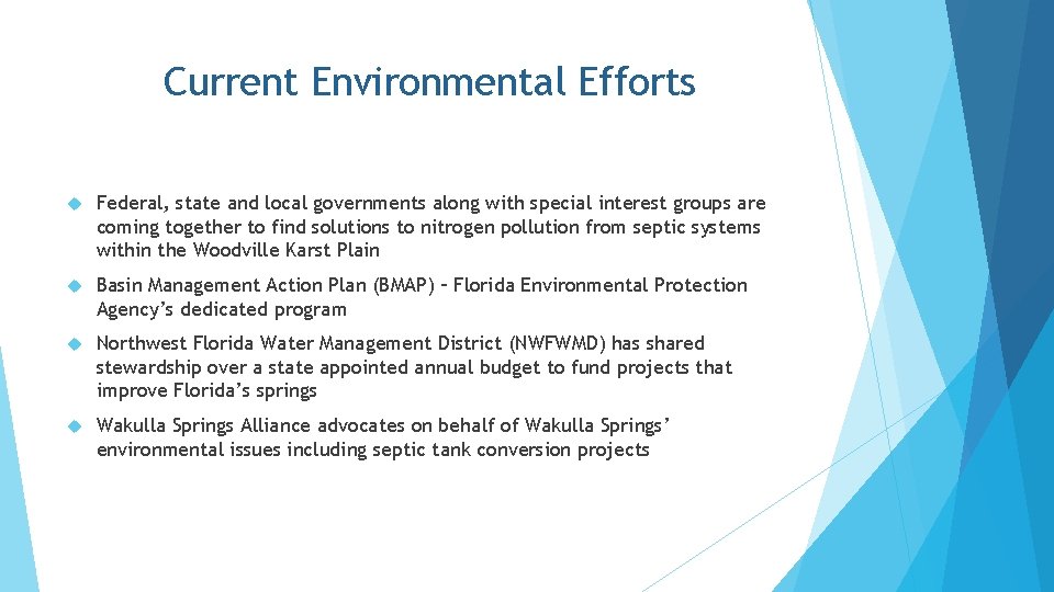 Current Environmental Efforts Federal, state and local governments along with special interest groups are