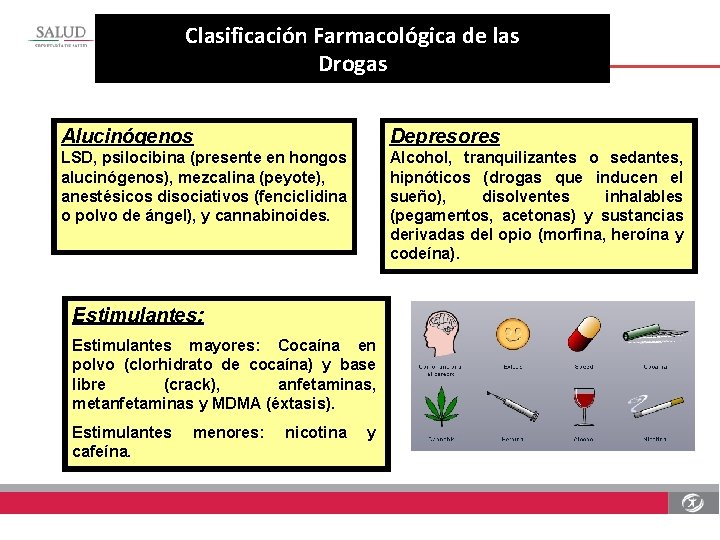 Clasificación Farmacológica de las Drogas Alucinógenos Depresores LSD, psilocibina (presente en hongos alucinógenos), mezcalina