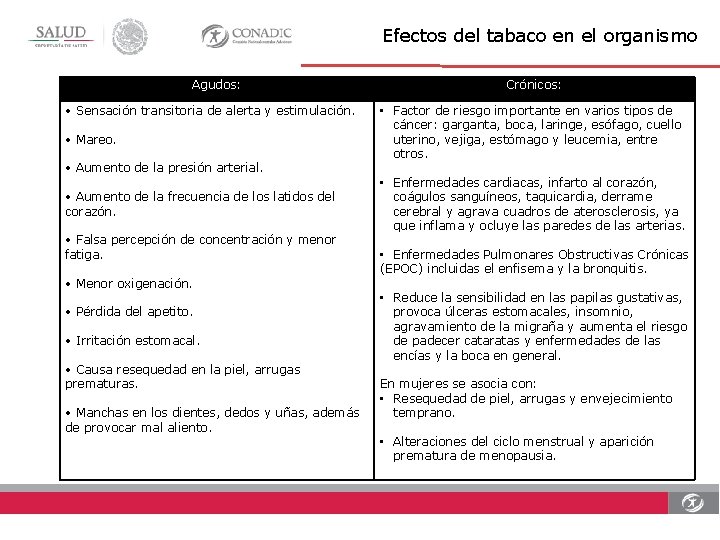 Efectos del tabaco en el organismo Agudos: • Sensación transitoria de alerta y estimulación.