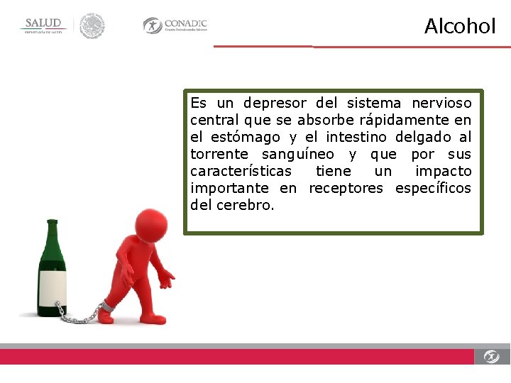 Alcohol Es un depresor del sistema nervioso central que se absorbe rápidamente en el