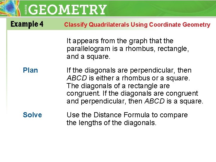 Classify Quadrilaterals Using Coordinate Geometry It appears from the graph that the parallelogram is