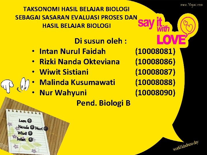 TAKSONOMI HASIL BELAJAR BIOLOGI SEBAGAI SASARAN EVALUASI PROSES DAN HASIL BELAJAR BIOLOGI • •