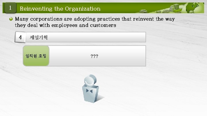 1 Reinventing the Organization Many corporations are adopting practices that reinvent the way they