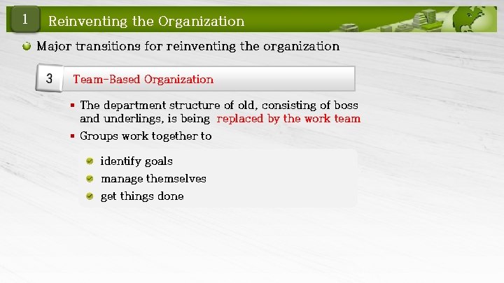 1 Reinventing the Organization Major transitions for reinventing the organization Team-Based Organization § The