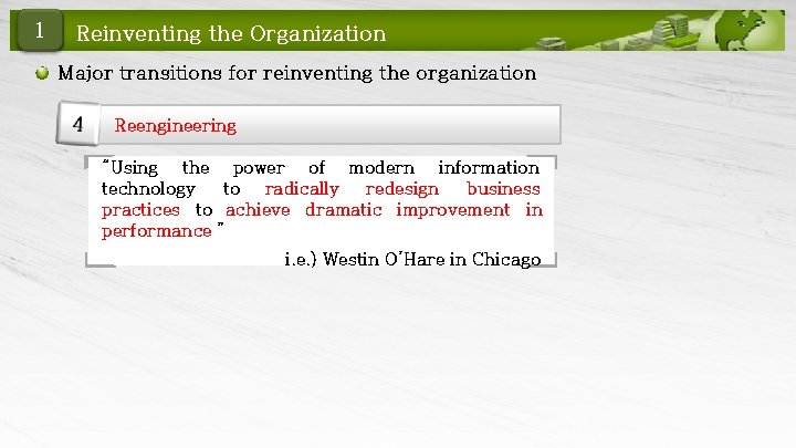 1 Reinventing the Organization Major transitions for reinventing the organization Reengineering “Using the power