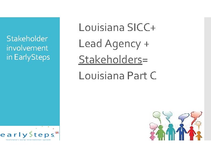 Stakeholder involvement in Early. Steps Louisiana SICC+ Lead Agency + Stakeholders= Louisiana Part C Stakeholder involvement in Early. Steps Louisiana SICC+ Lead Agency + Stakeholders= Louisiana Part C
