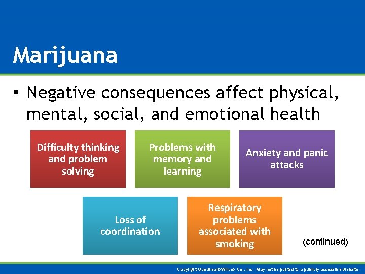 Marijuana • Negative consequences affect physical, mental, social, and emotional health Difficulty thinking and