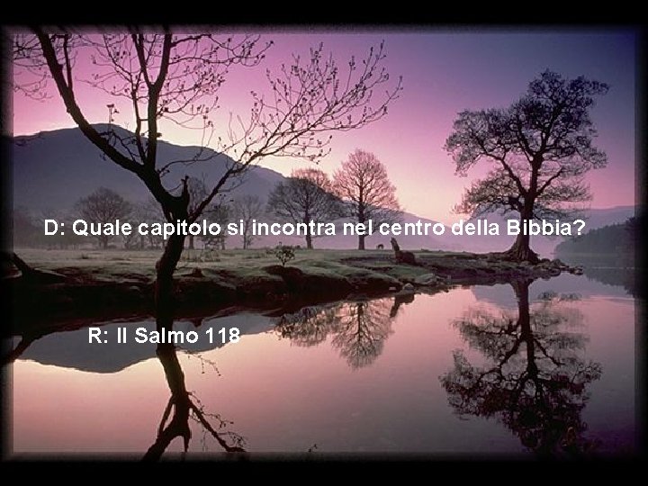 D: Quale capitolo si incontra nel centro della Bibbia? R: Il Salmo 118 