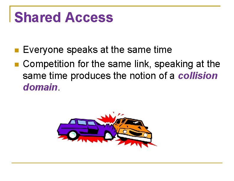 Shared Access Everyone speaks at the same time Competition for the same link, speaking