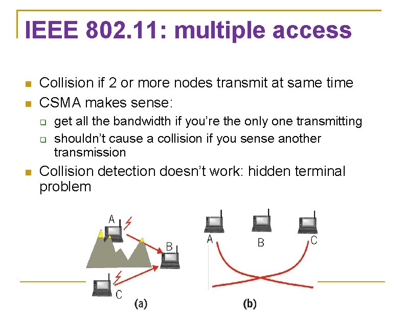 IEEE 802. 11: multiple access Collision if 2 or more nodes transmit at same