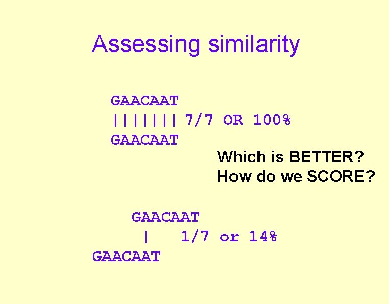 Assessing similarity GAACAAT ||||||| 7/7 OR 100% GAACAAT Which is BETTER? How do we
