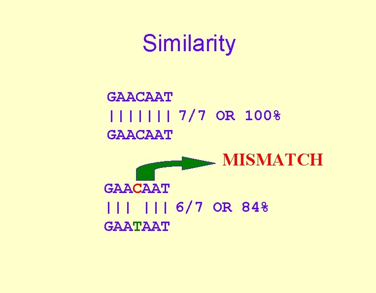 Similarity GAACAAT ||||||| 7/7 OR 100% GAACAAT MISMATCH GAACAAT ||| 6/7 OR 84% GAATAAT Similarity GAACAAT ||||||| 7/7 OR 100% GAACAAT MISMATCH GAACAAT ||| 6/7 OR 84% GAATAAT