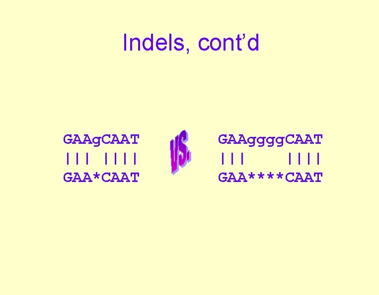 Indels, cont’d GAAg. CAAT |||| GAA*CAAT GAAgggg. CAAT |||| GAA****CAAT Indels, cont’d GAAg. CAAT |||| GAA*CAAT GAAgggg. CAAT |||| GAA****CAAT