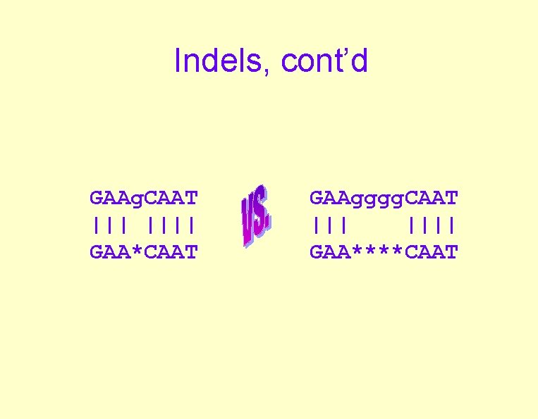 Indels, cont’d GAAg. CAAT |||| GAA*CAAT GAAgggg. CAAT |||| GAA****CAAT 