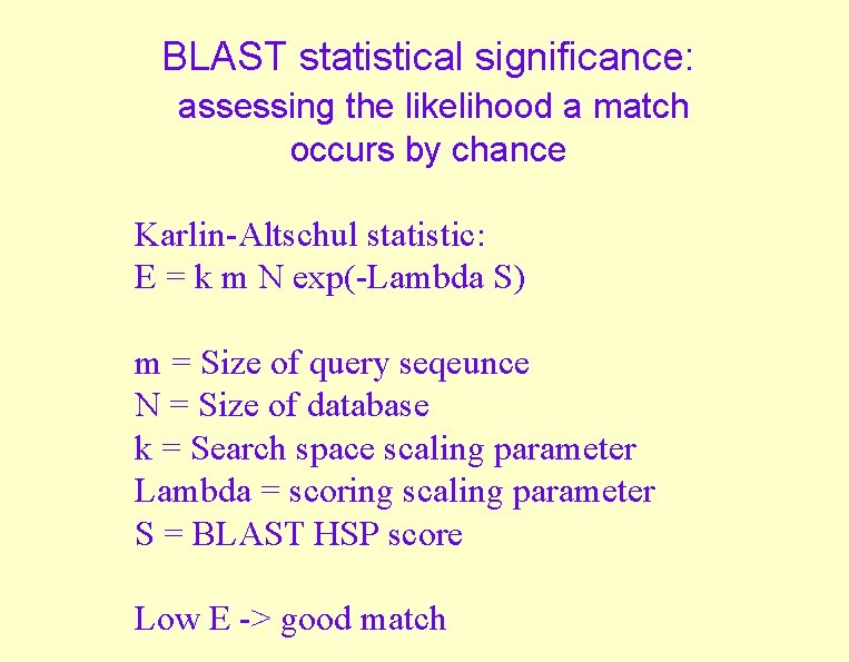 BLAST statistical significance: assessing the likelihood a match occurs by chance Karlin-Altschul statistic: E BLAST statistical significance: assessing the likelihood a match occurs by chance Karlin-Altschul statistic: E