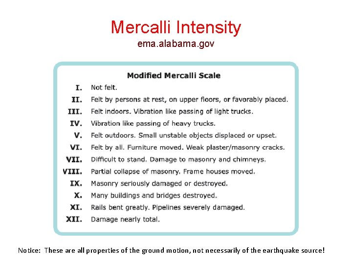 Mercalli Intensity ema. alabama. gov Notice: These are all properties of the ground motion, Mercalli Intensity ema. alabama. gov Notice: These are all properties of the ground motion,