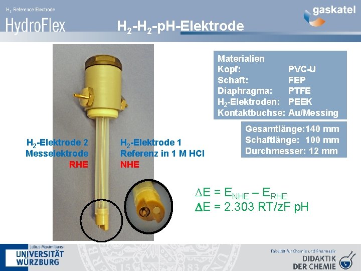 H 2 -p. H-Elektrode Materialien Kopf: PVC-U Schaft: FEP Diaphragma: PTFE H 2 -Elektroden: