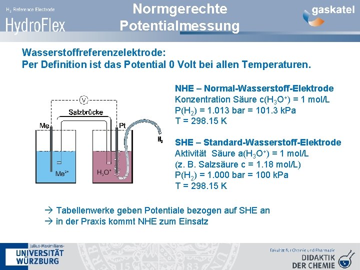 Normgerechte Potentialmessung Wasserstoffreferenzelektrode: Per Definition ist das Potential 0 Volt bei allen Temperaturen. NHE