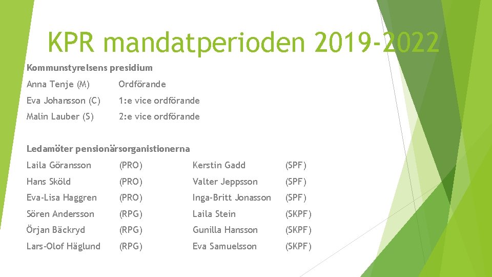 KPR mandatperioden 2019 -2022 Kommunstyrelsens presidium Anna Tenje (M) Ordförande Eva Johansson (C) 1: