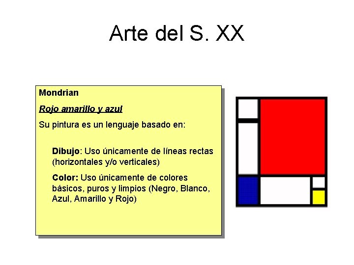 Arte del S. XX Mondrian Rojo amarillo y azul Su pintura es un lenguaje