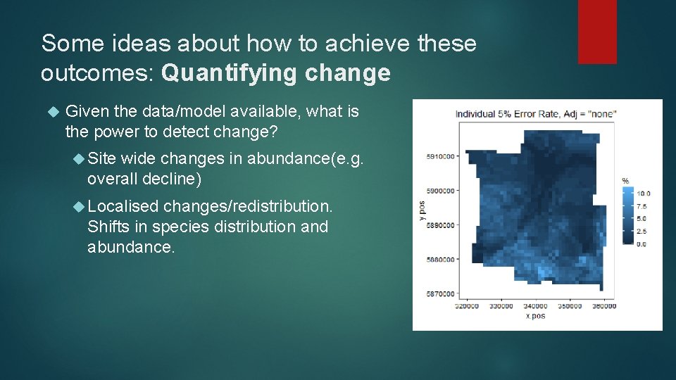 Some ideas about how to achieve these outcomes: Quantifying change Given the data/model available,