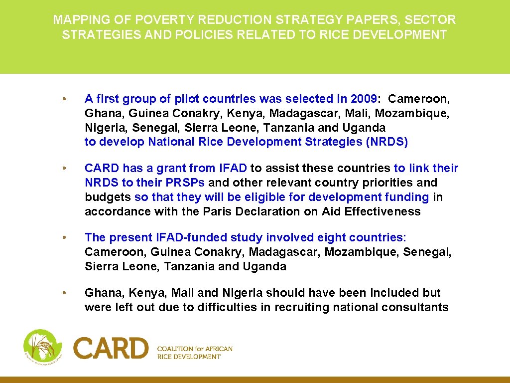 MAPPING OF POVERTY REDUCTION STRATEGY PAPERS, SECTOR STRATEGIES AND POLICIES RELATED TO RICE DEVELOPMENT MAPPING OF POVERTY REDUCTION STRATEGY PAPERS, SECTOR STRATEGIES AND POLICIES RELATED TO RICE DEVELOPMENT