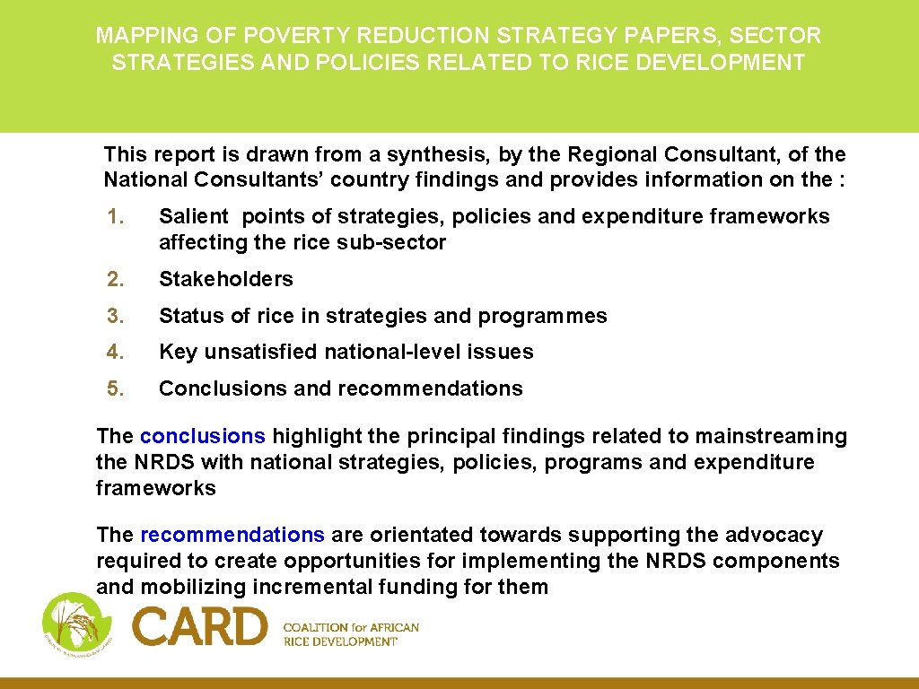 MAPPING OF POVERTY REDUCTION STRATEGY PAPERS, SECTOR STRATEGIES AND POLICIES RELATED TO RICE DEVELOPMENT MAPPING OF POVERTY REDUCTION STRATEGY PAPERS, SECTOR STRATEGIES AND POLICIES RELATED TO RICE DEVELOPMENT
